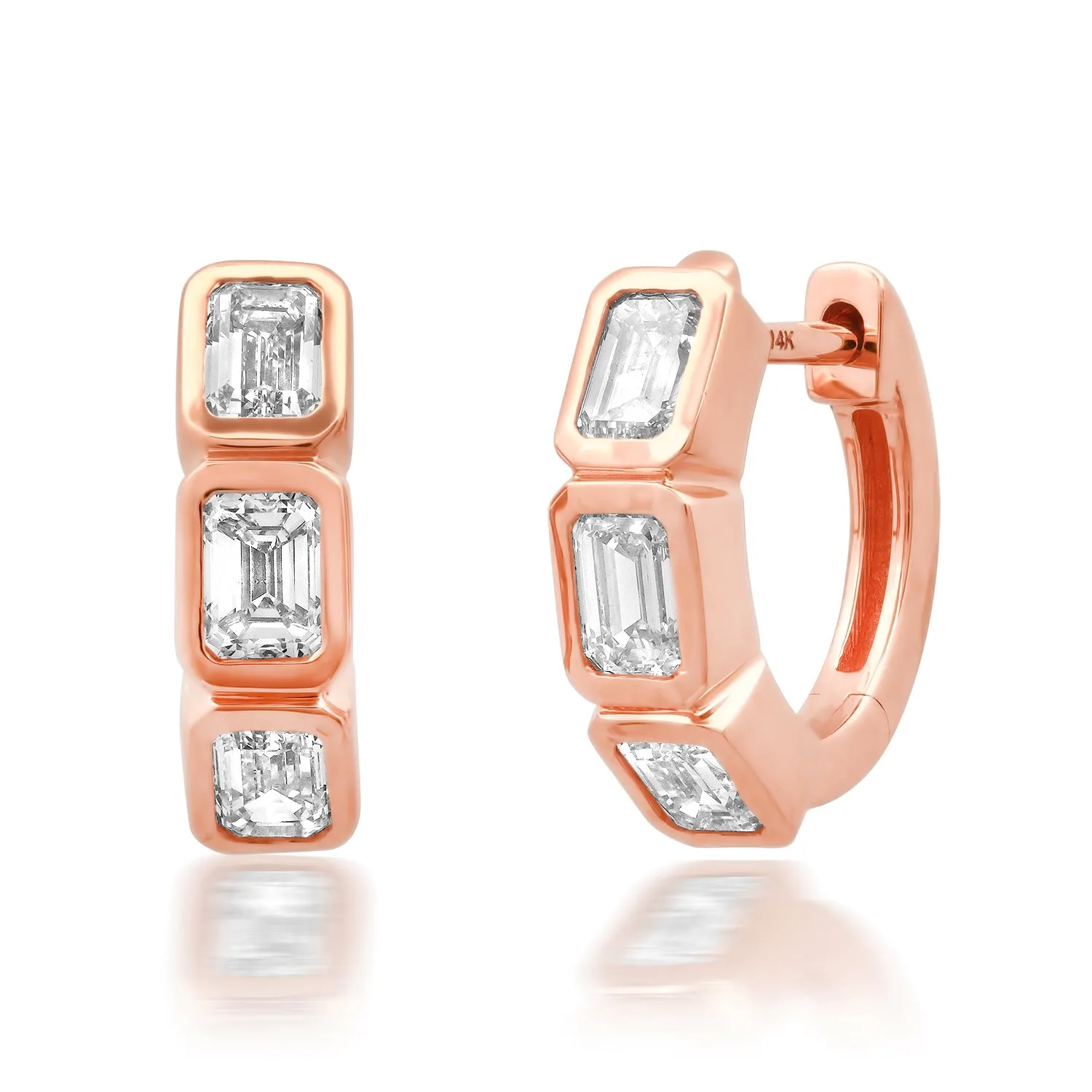 Bezel-Set Emerald Cut Diamond Huggie Hoops