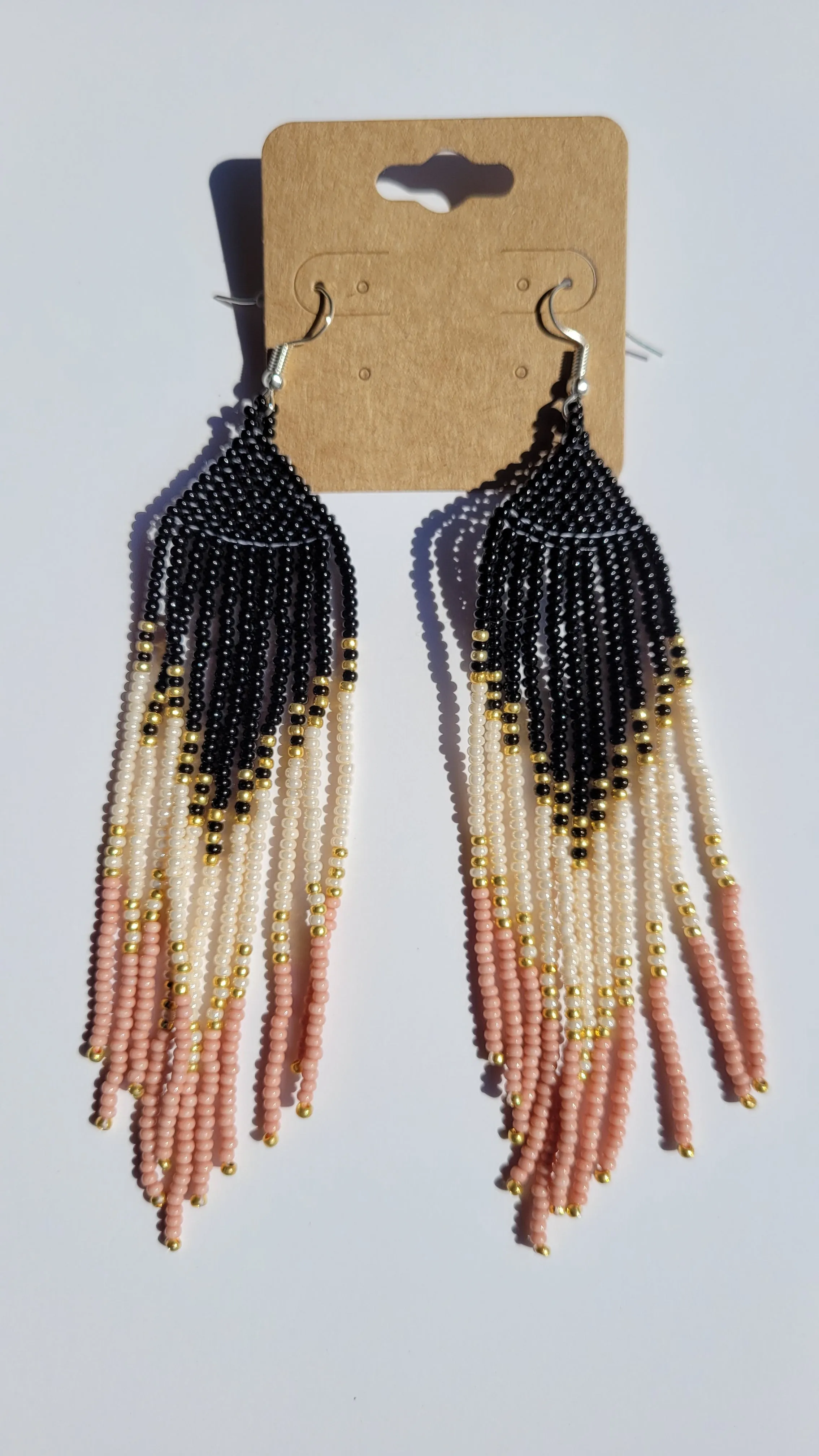 Black Cream Coral Beaded Ombre Fringe Earrings