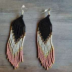 Black Cream Coral Beaded Ombre Fringe Earrings