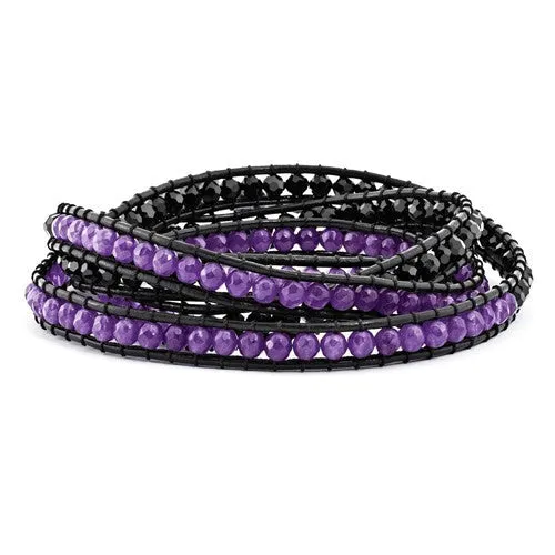 Black Crystal And Purple Quartz Leather Multi-Wrap Bead Bracelet