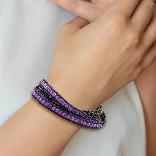 Black Crystal And Purple Quartz Leather Multi-Wrap Bead Bracelet