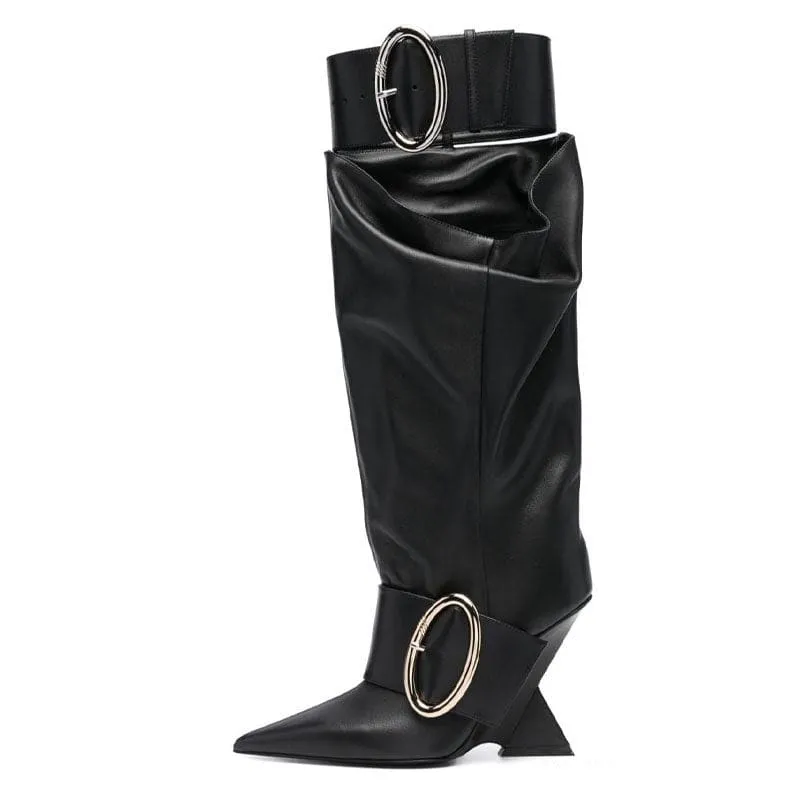 Black Leather Knee-high Boots with Pointed Toe and Unique High Wedge