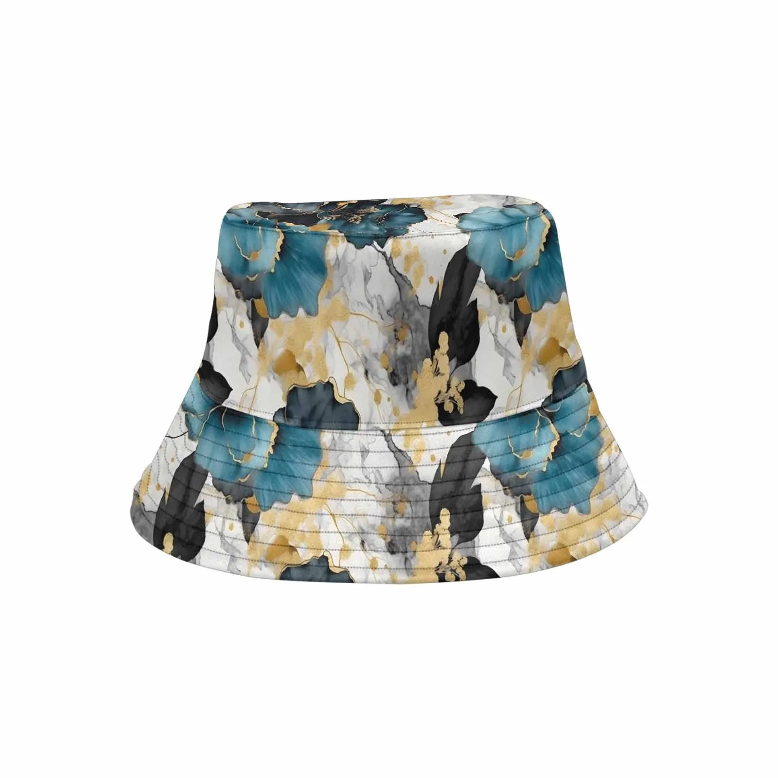 Blue & Gold Ink Floral  Unisex Summer Single-Layer Bucket Hat