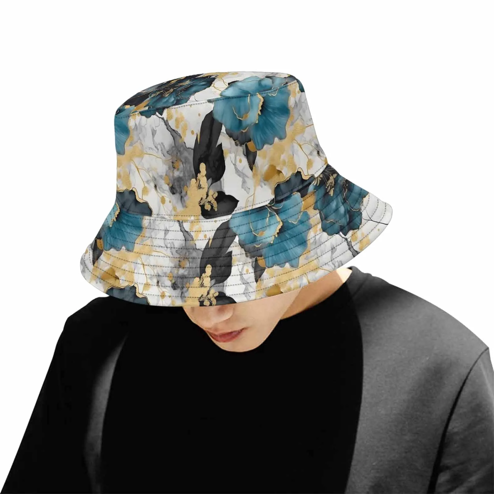 Blue & Gold Ink Floral  Unisex Summer Single-Layer Bucket Hat