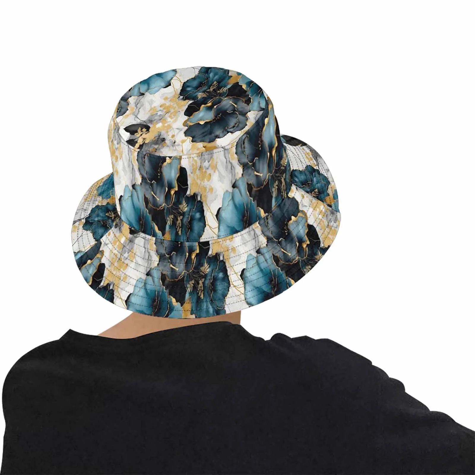 Blue & Gold Ink Floral  Unisex Summer Single-Layer Bucket Hat