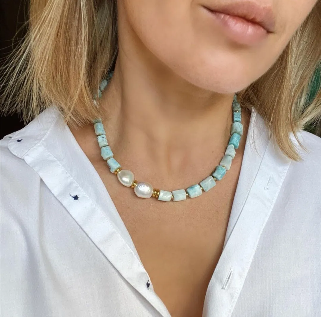 Blue Apatite, Tourmaline and Baroque Freshwater Pearl Necklace in 18K findings