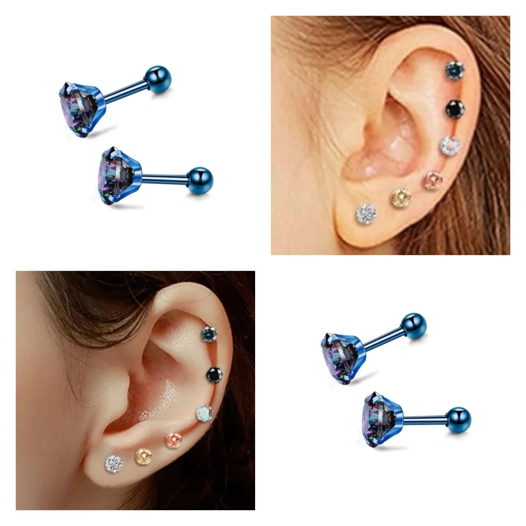 Blue CZ Barbell Earrings 6mm