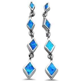 Blue Opal Diamond Shape Sterling Silver Drop Stud Earrings