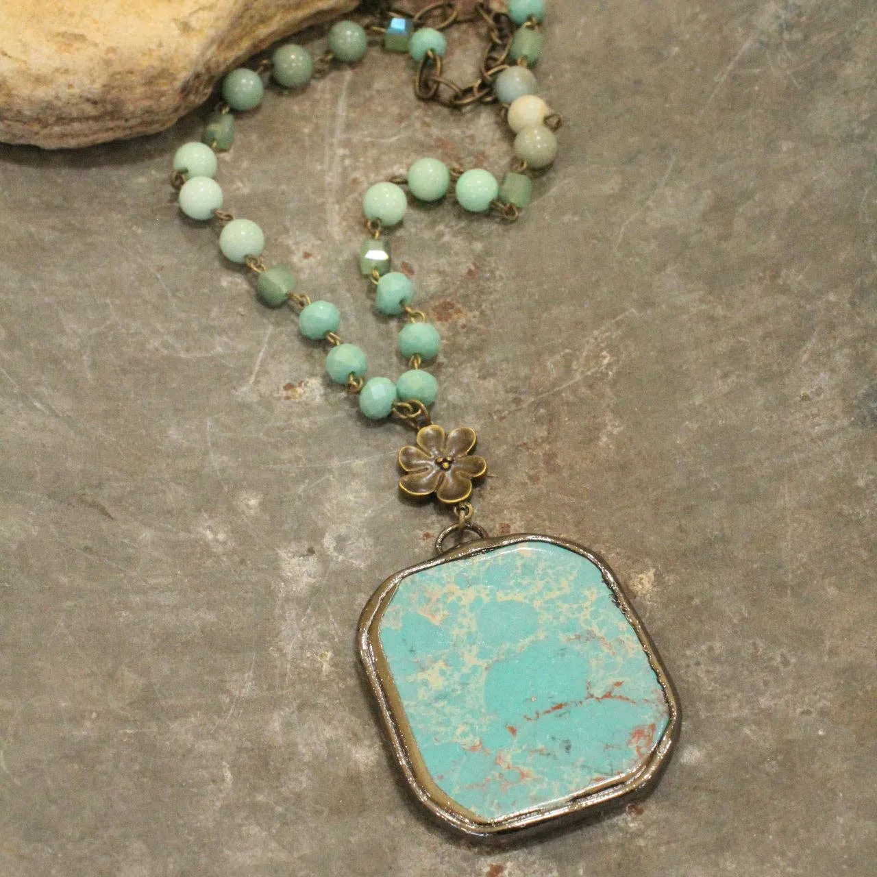 Bohemian Stone & Rosary Chain Stone Drop Necklace