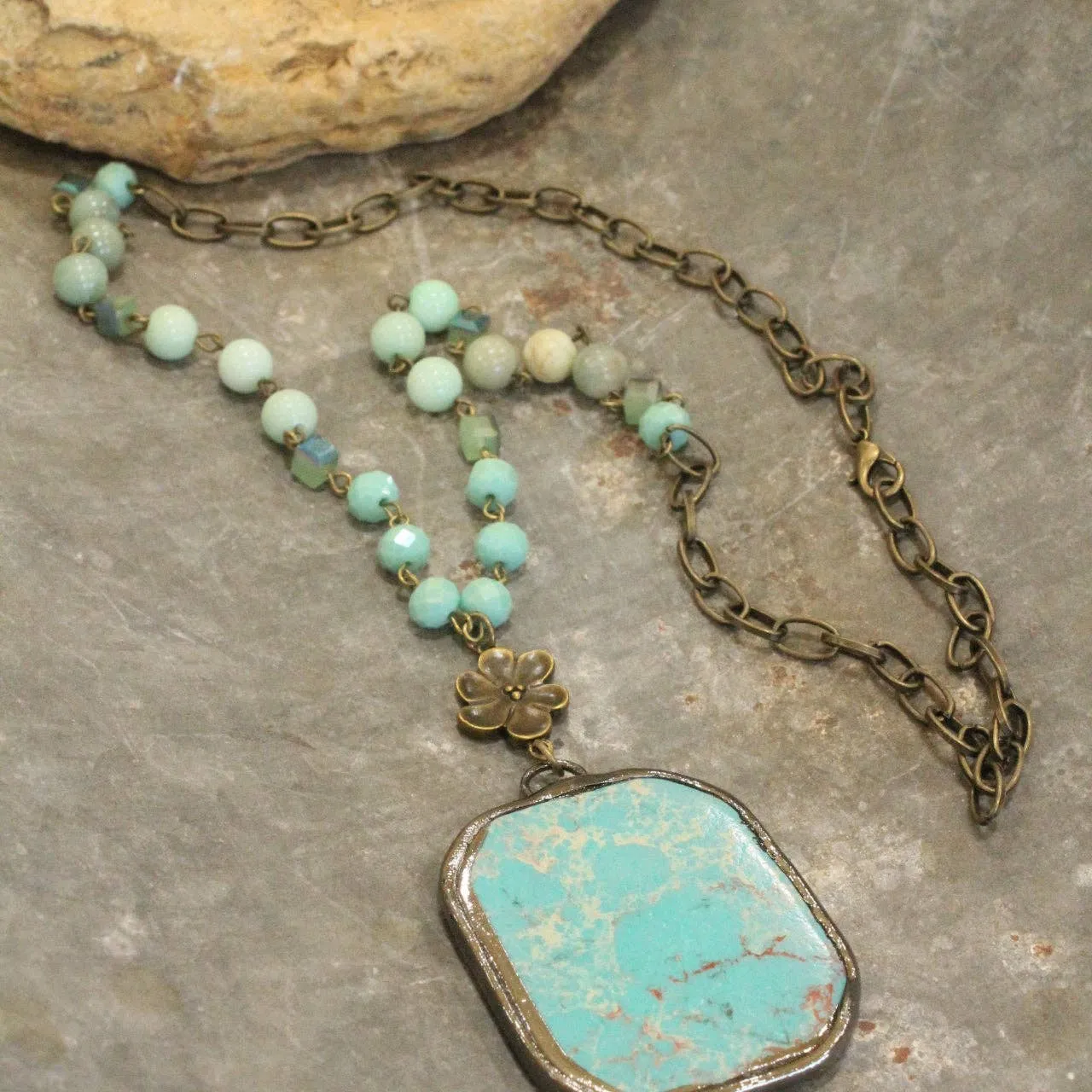 Bohemian Stone & Rosary Chain Stone Drop Necklace