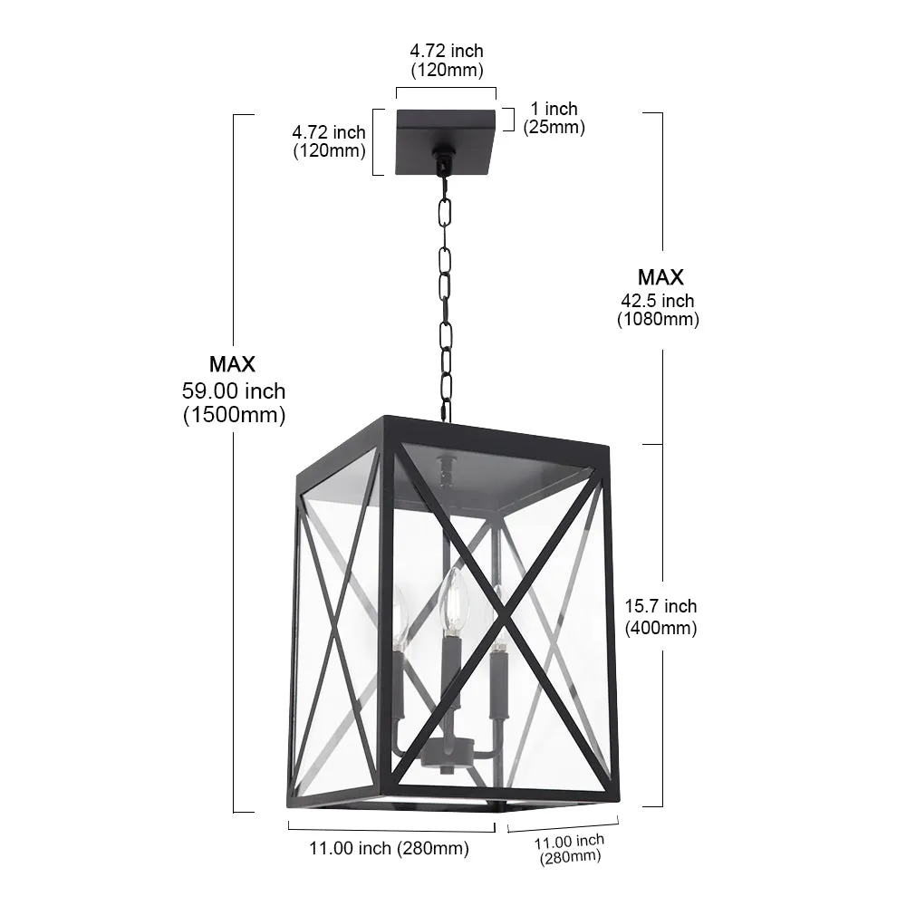 BONLICHT 3-Light Outdoor Chandelier Lighting Black Lantern Pendant Light Exterior Ceiling Light Fixtures