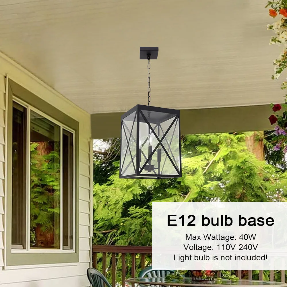 BONLICHT 3-Light Outdoor Chandelier Lighting Black Lantern Pendant Light Exterior Ceiling Light Fixtures