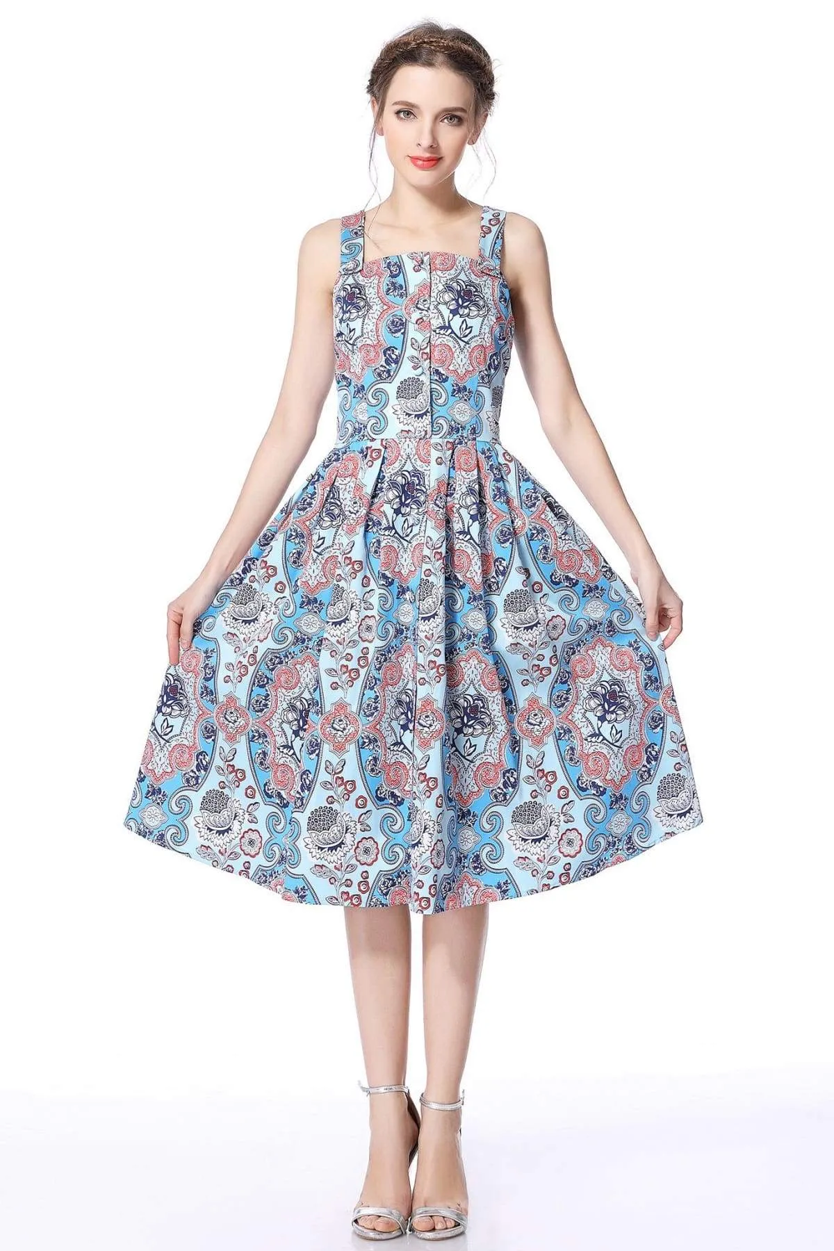 Bright Paisley Strap Dress with Pockets Swing Dress