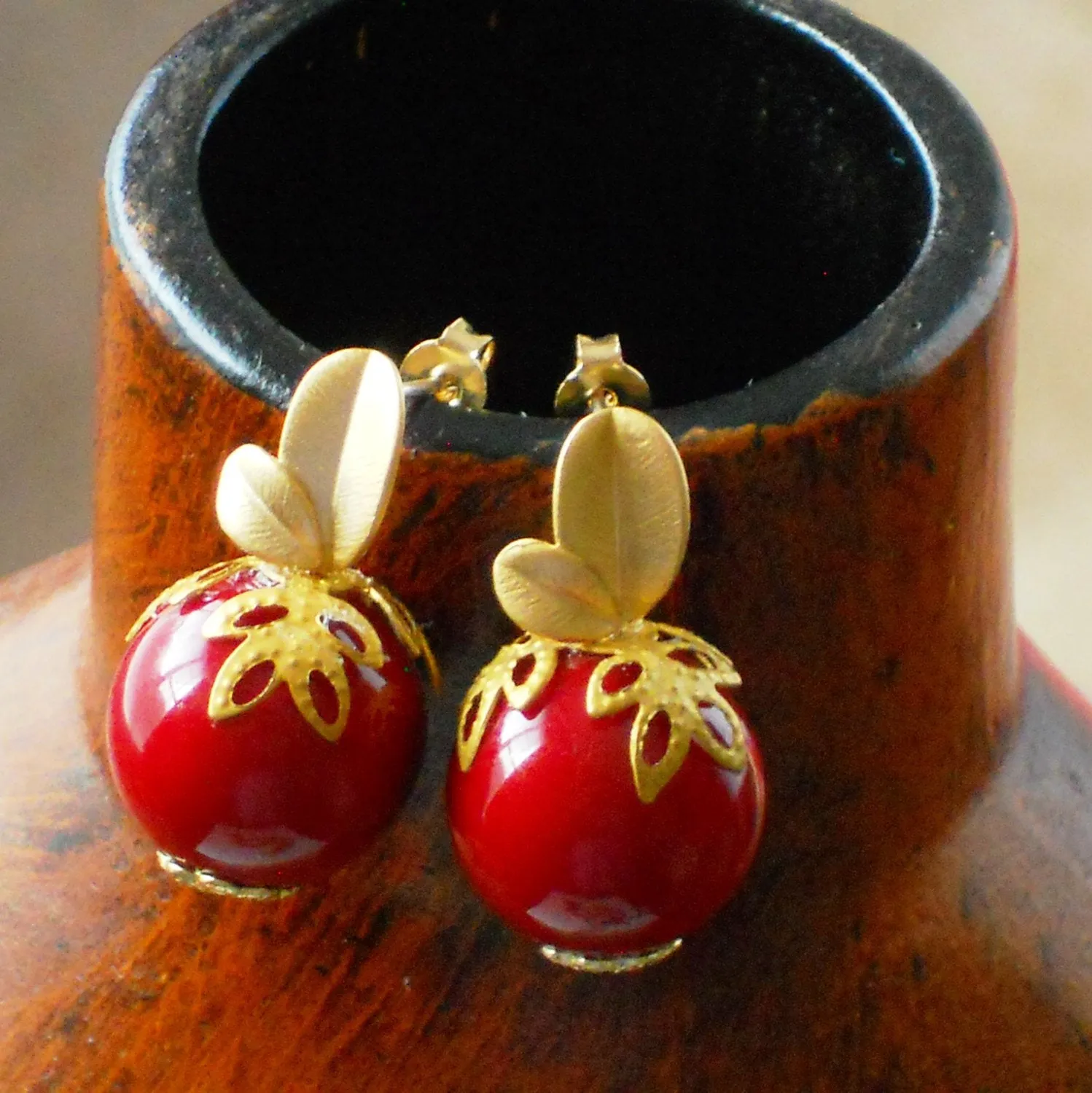 Bright Red Bamboo Coral Gold Matte Leaf Post Dainty Earrings, ELO16918: Holly Berries