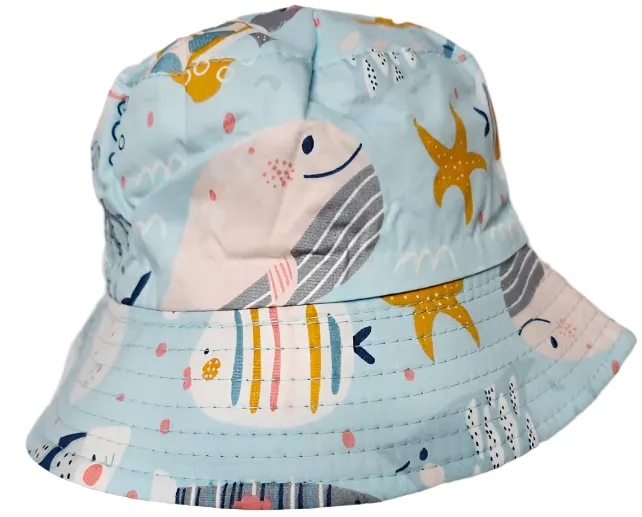 Bucket/Sun Hat With Chin Strap Wide Brim Children's 2-7yr Light Blue Sea Creatures scbhlbsc