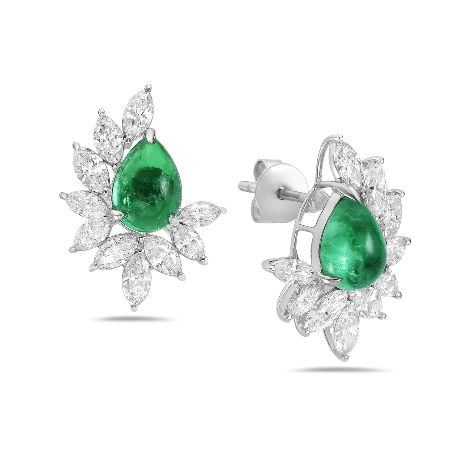 Cabochon Emerald Diamond Daisy Stud Earrings In 18k Gold