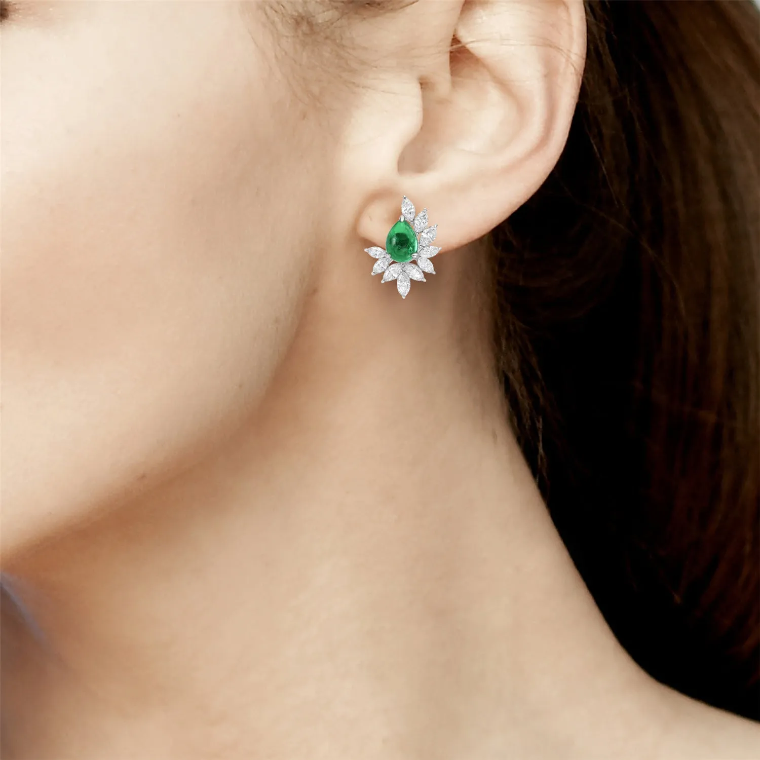 Cabochon Emerald Diamond Daisy Stud Earrings In 18k Gold