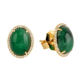 Cabochon Emerald Pave Diamond May Birthstone Stud Earrings in 18k Yellow Gold For Her