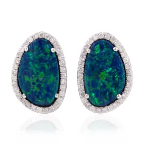 Cabouchon Opal Doublet Micro Pave Diamond Stud Earrings Made In 18K White Gold