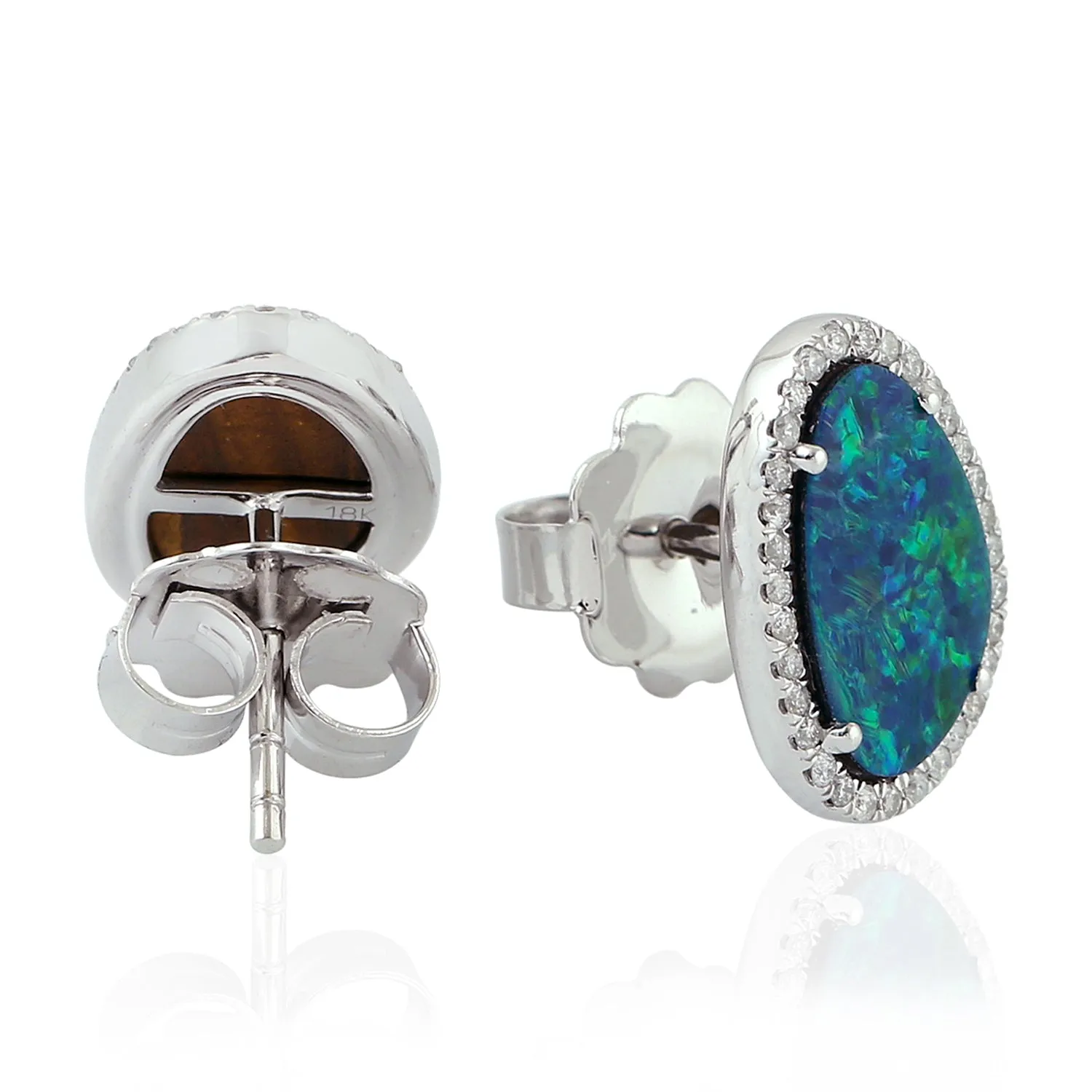 Cabouchon Opal Doublet Micro Pave Diamond Stud Earrings Made In 18K White Gold