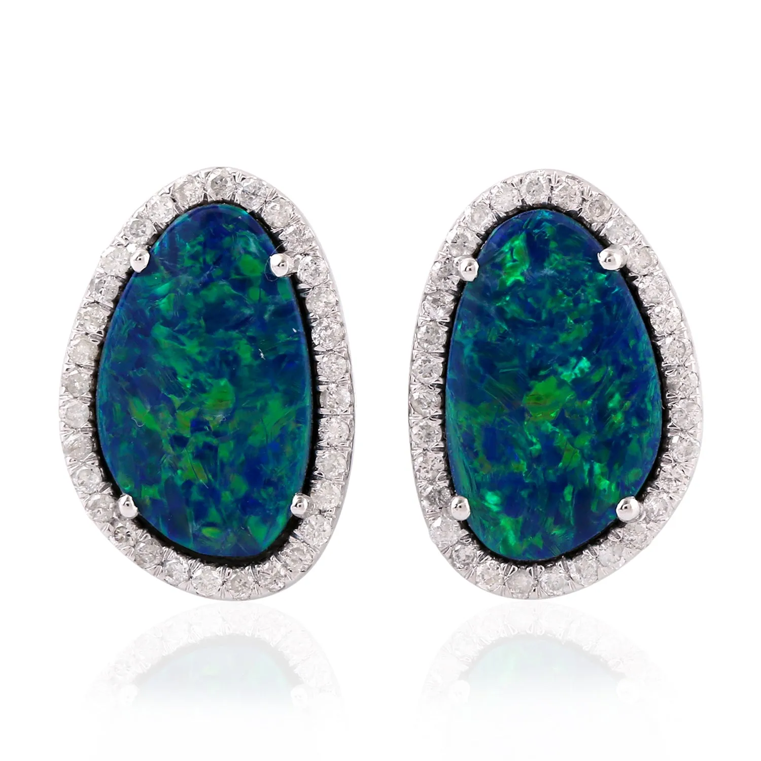 Cabouchon Opal Doublet Micro Pave Diamond Stud Earrings Made In 18K White Gold