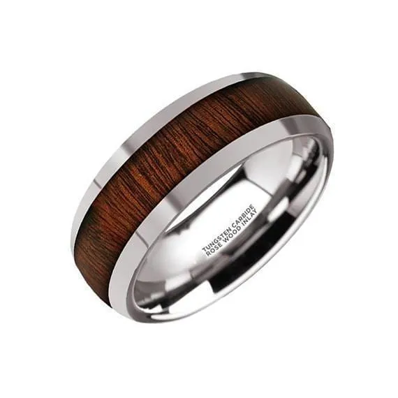 Caden Domed Tungsten Carbide Wedding Band With Rose Wood Inlay For Him - 8 mm