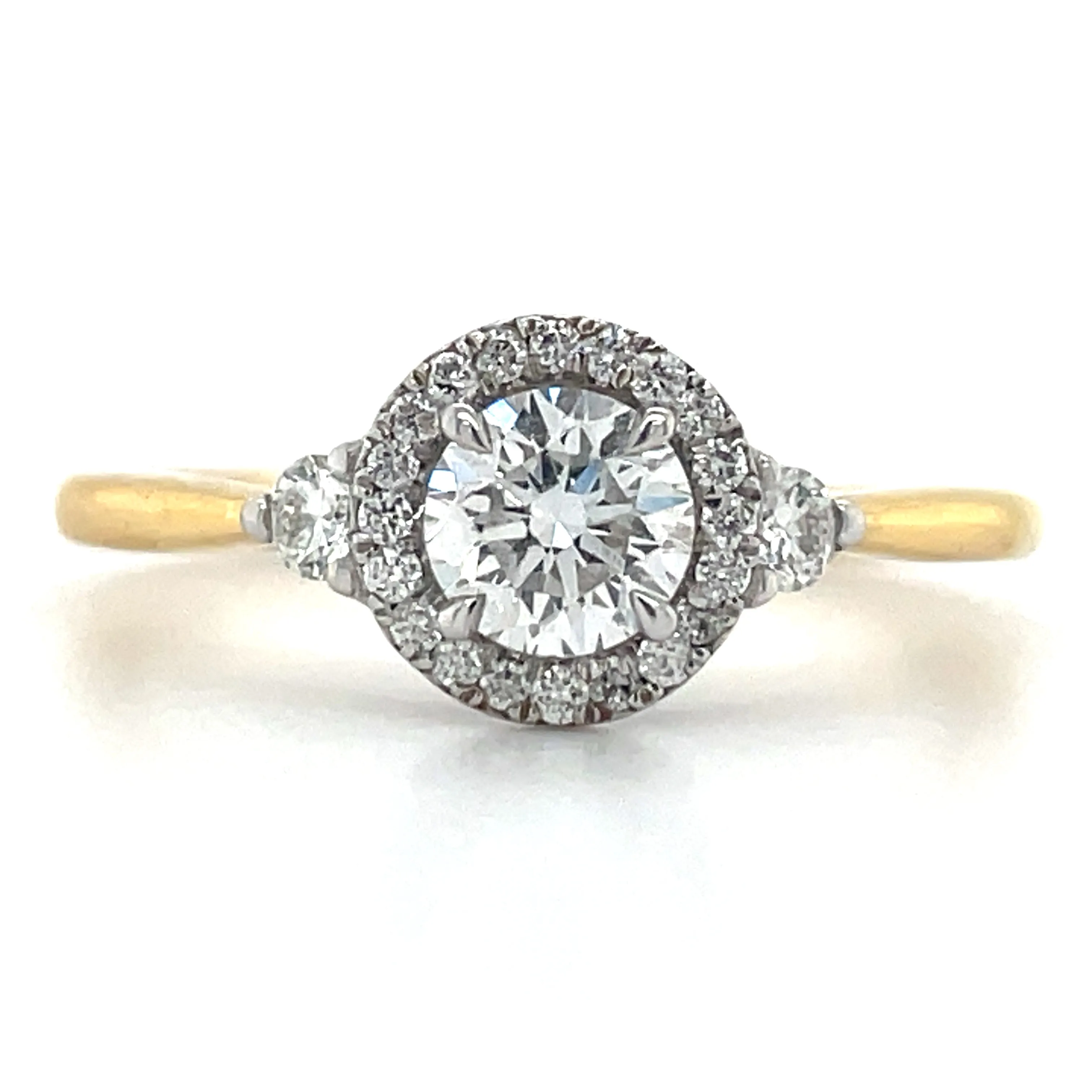 Cara - 18ct Yellow Gold Round Halo With Two Side Stone Diamond Engagement Ring