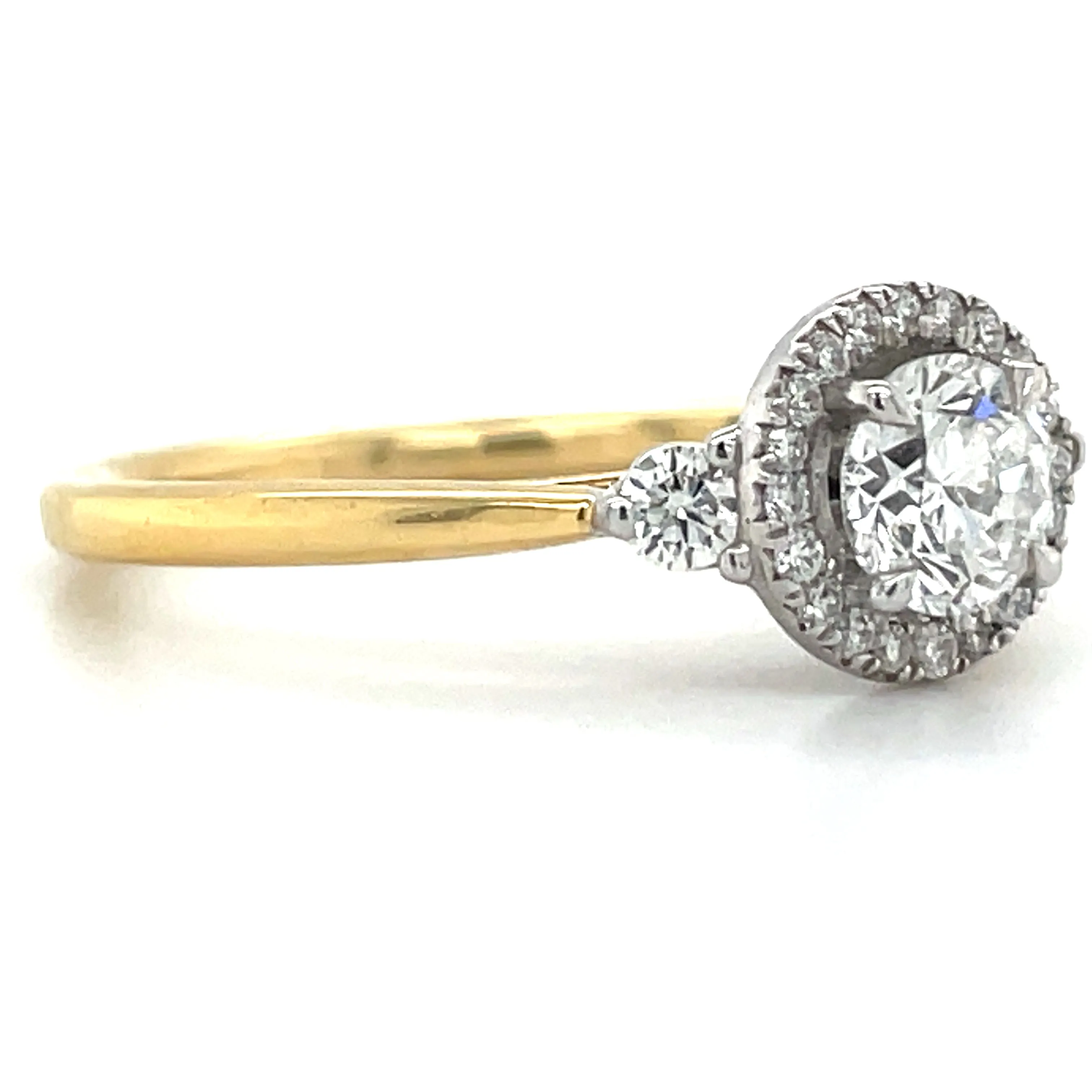 Cara - 18ct Yellow Gold Round Halo With Two Side Stone Diamond Engagement Ring