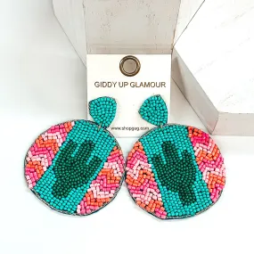 Chevron and Cactus Beaded Circle Drop Earrings in Turquoise