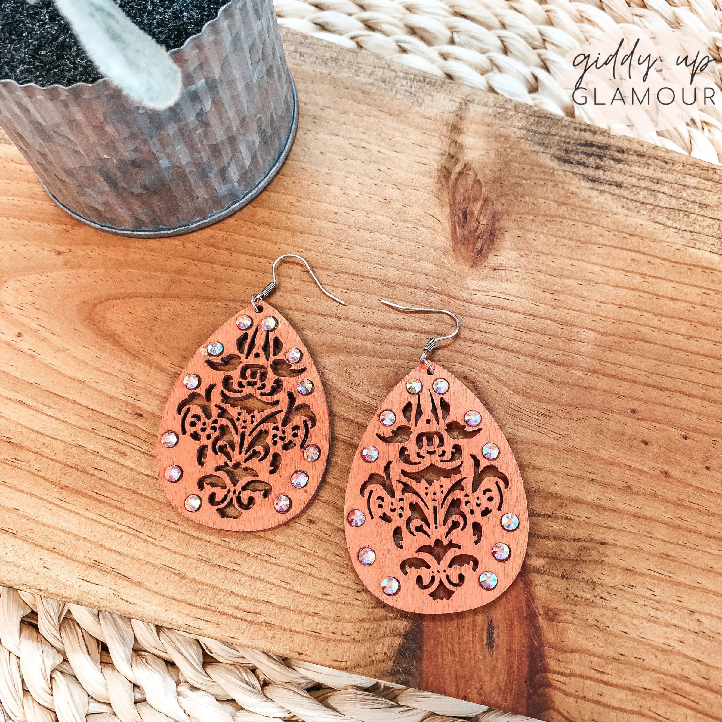 Chic Wooden Teardrop Earrings in Coral with AB Crystal