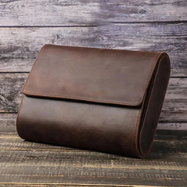 Coffee Genuine Leather Watch Roll Travel Case For 6 Watches