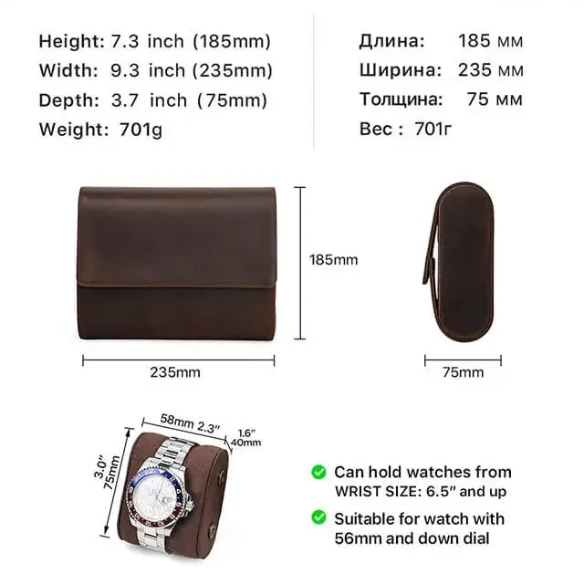 Coffee Genuine Leather Watch Roll Travel Case For 6 Watches