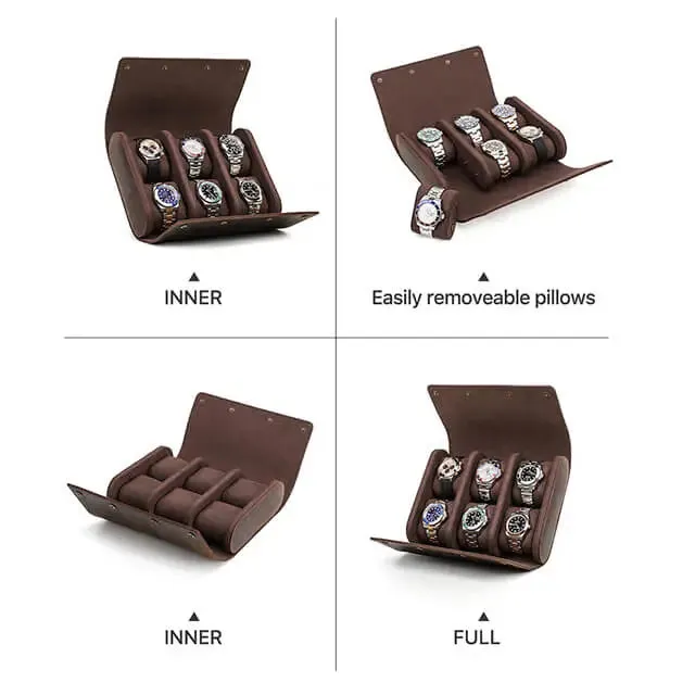 Coffee Genuine Leather Watch Roll Travel Case For 6 Watches