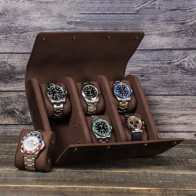 Coffee Genuine Leather Watch Roll Travel Case For 6 Watches