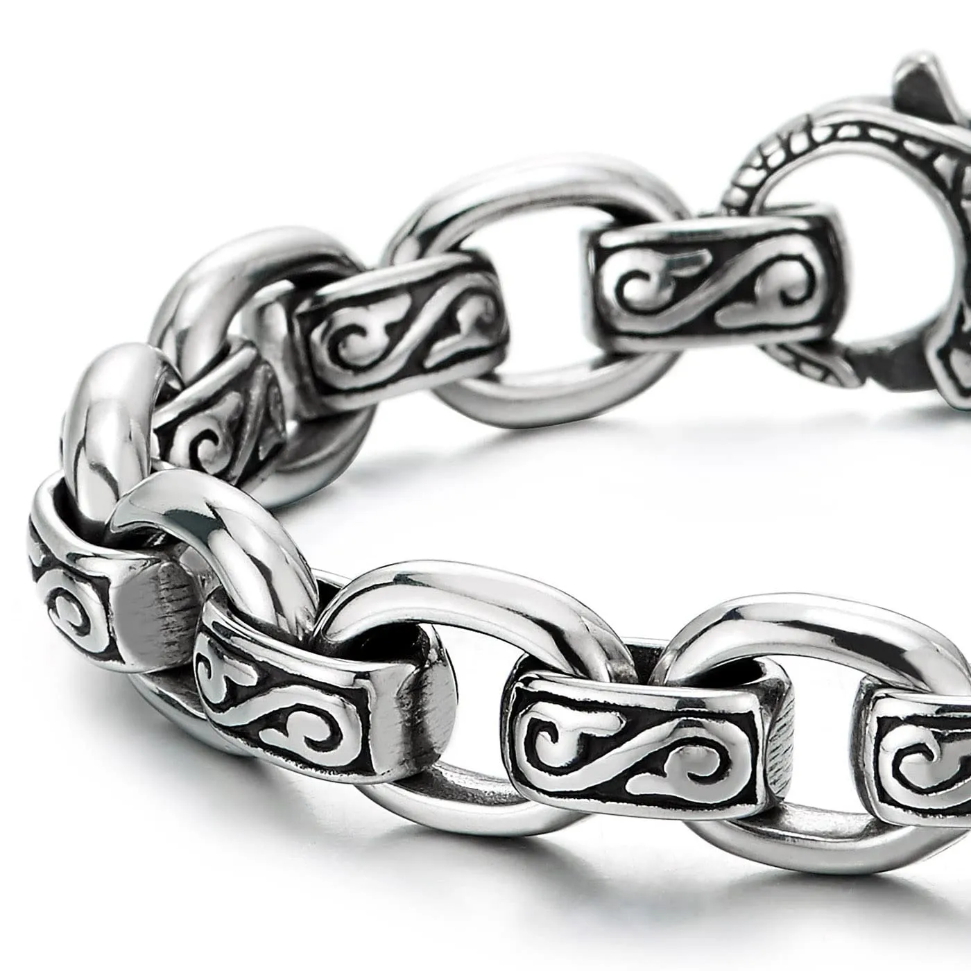 COOLSTEELANDBEYOND Mens Women Rolo Link Chain Bracelet, Stainless Steel, Vintage Infinity Swirl Waves Filigree