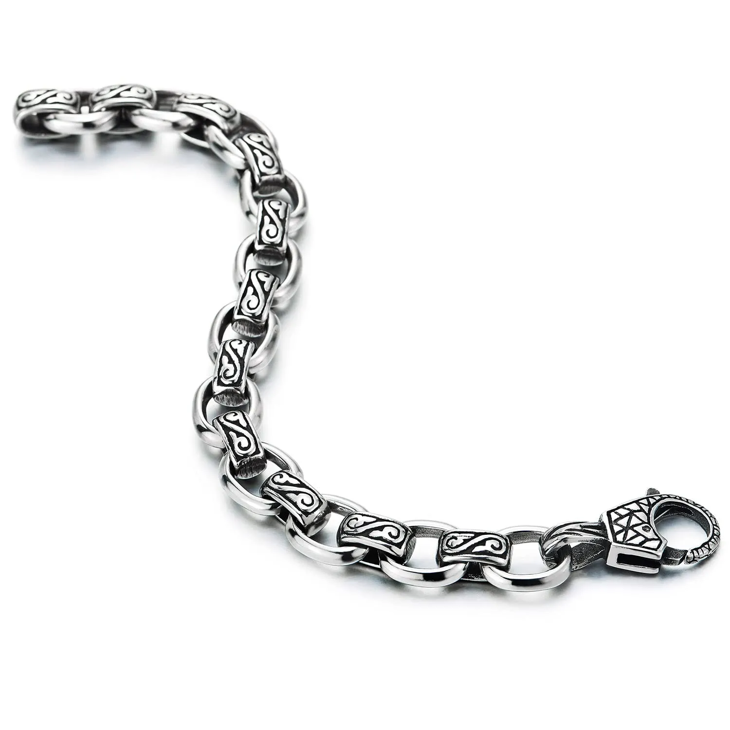 COOLSTEELANDBEYOND Mens Women Rolo Link Chain Bracelet, Stainless Steel, Vintage Infinity Swirl Waves Filigree