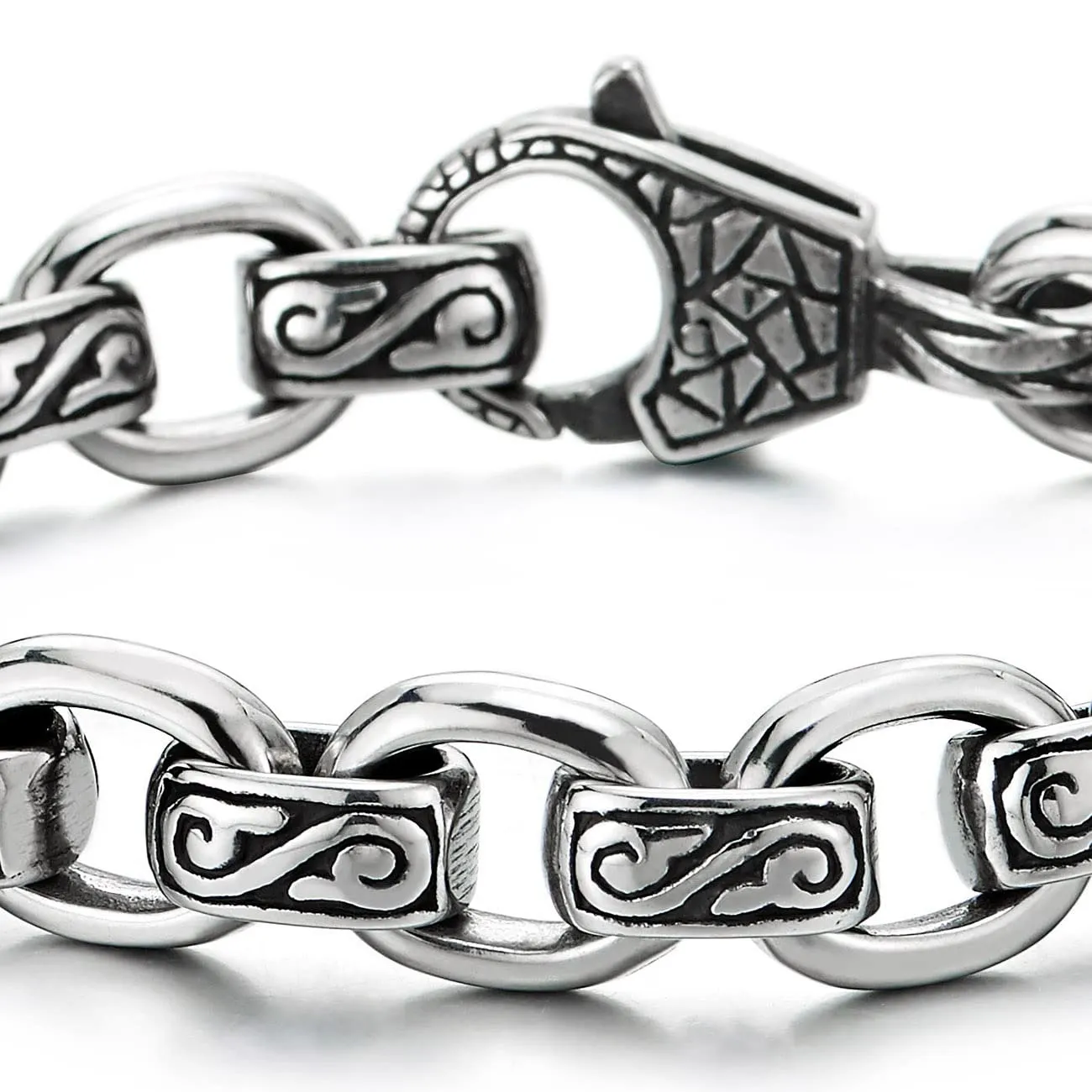 COOLSTEELANDBEYOND Mens Women Rolo Link Chain Bracelet, Stainless Steel, Vintage Infinity Swirl Waves Filigree