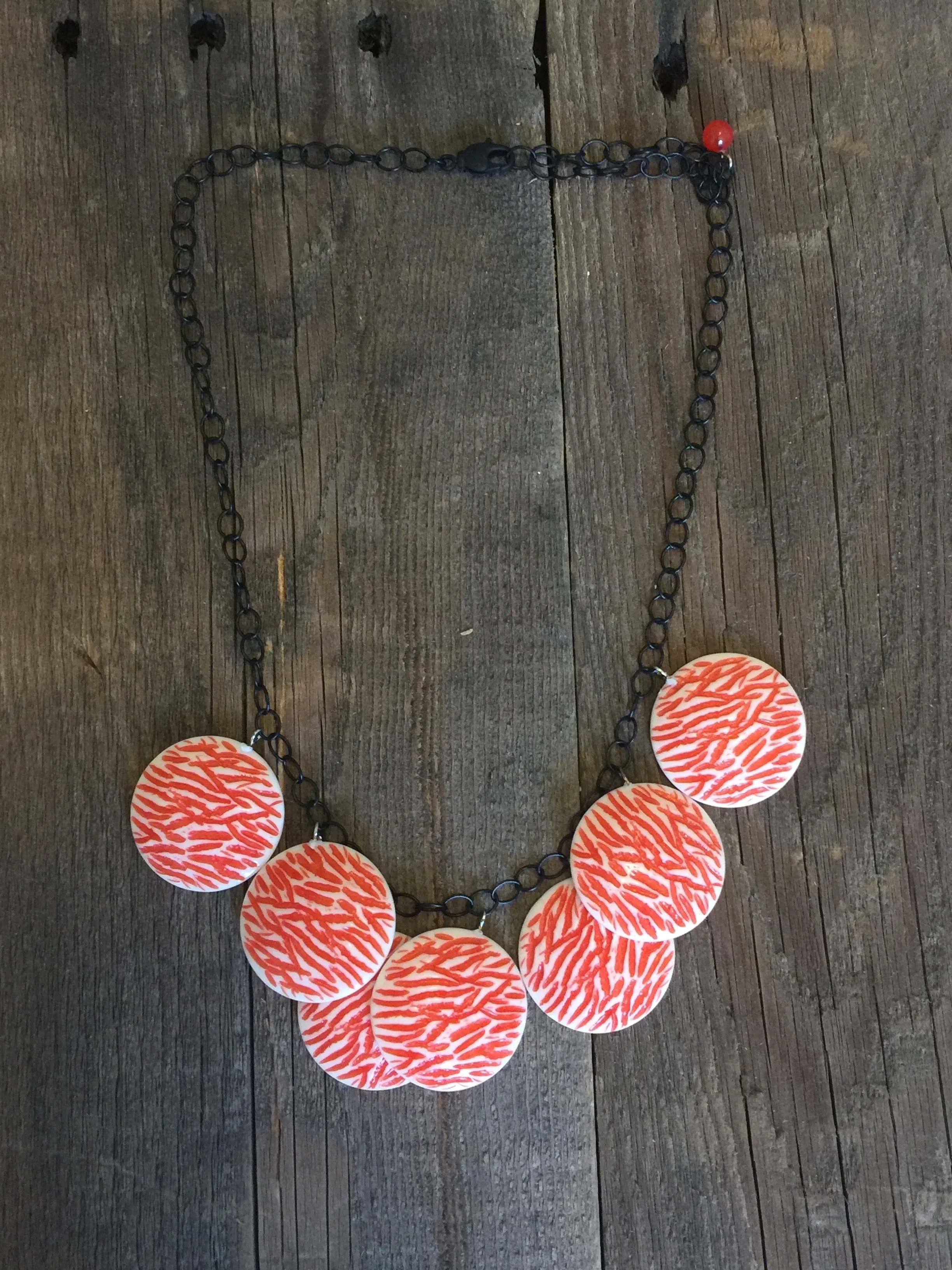 Coral & Cream Hammered Poker Face Statement Necklace