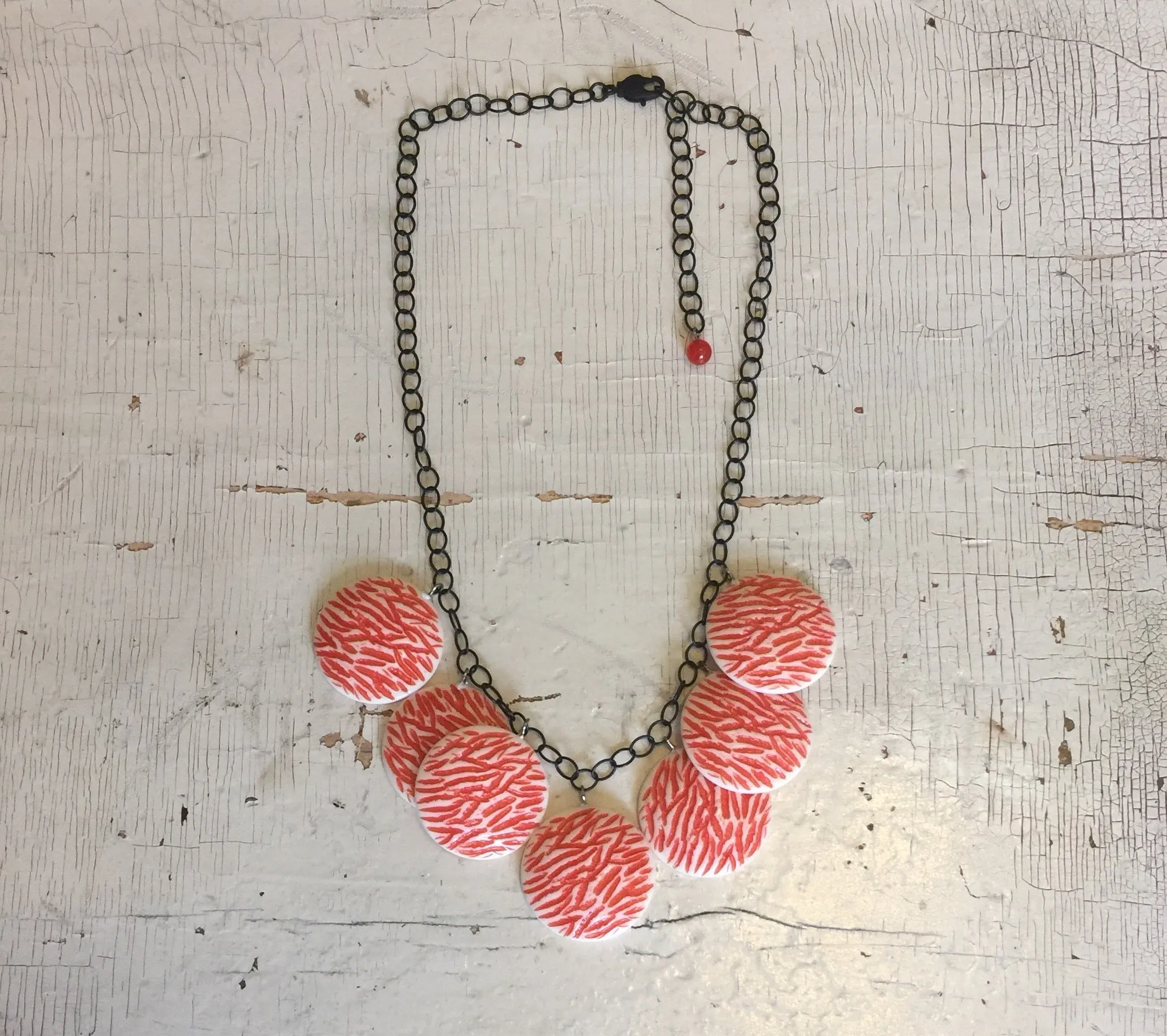 Coral & Cream Hammered Poker Face Statement Necklace