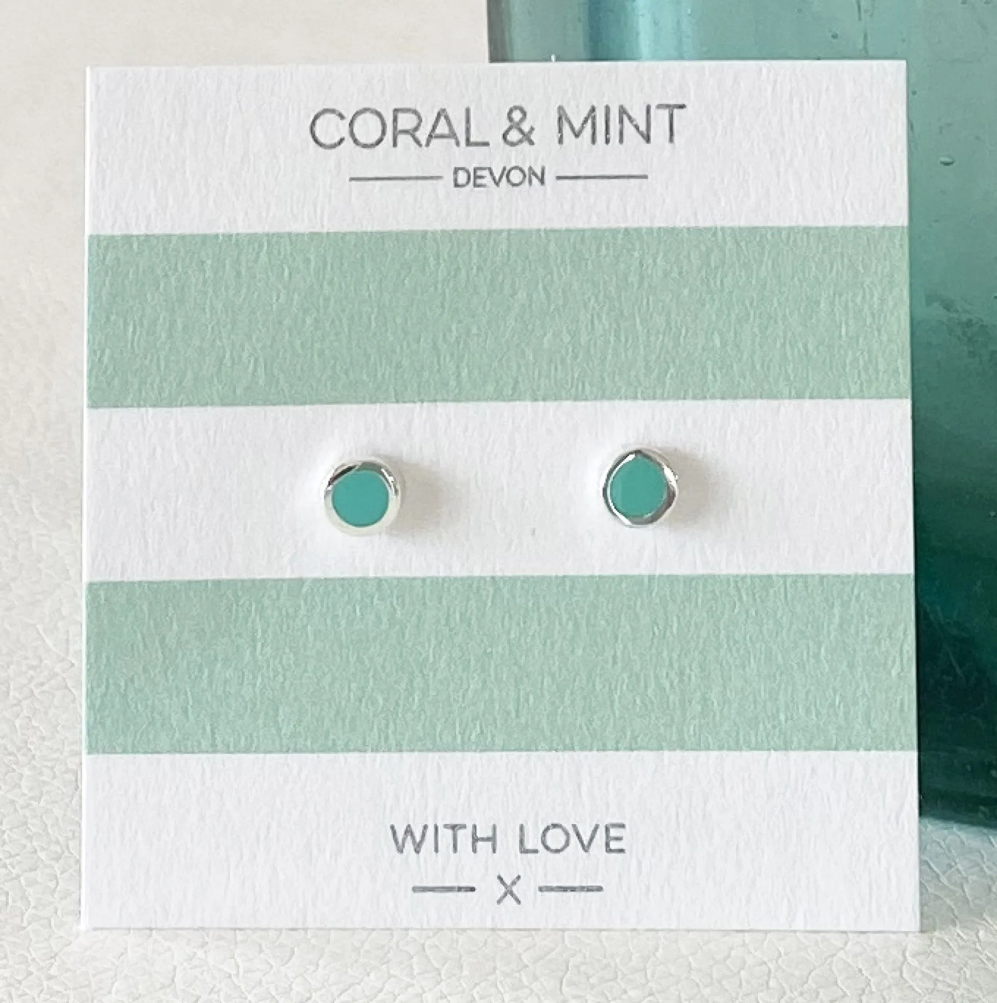 Coral And Mint Turquoise Enamel Circle Studs