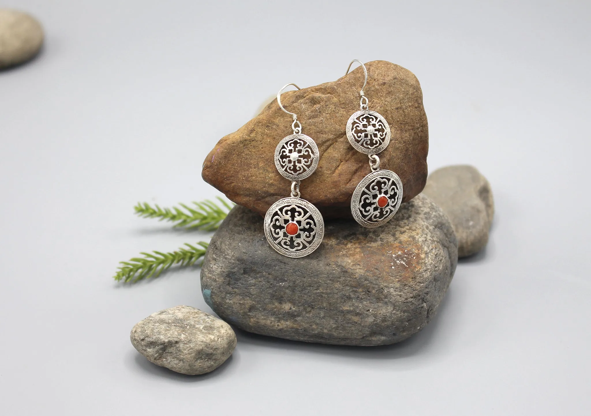 Coral Double Mandala Sterling Silver Earrings