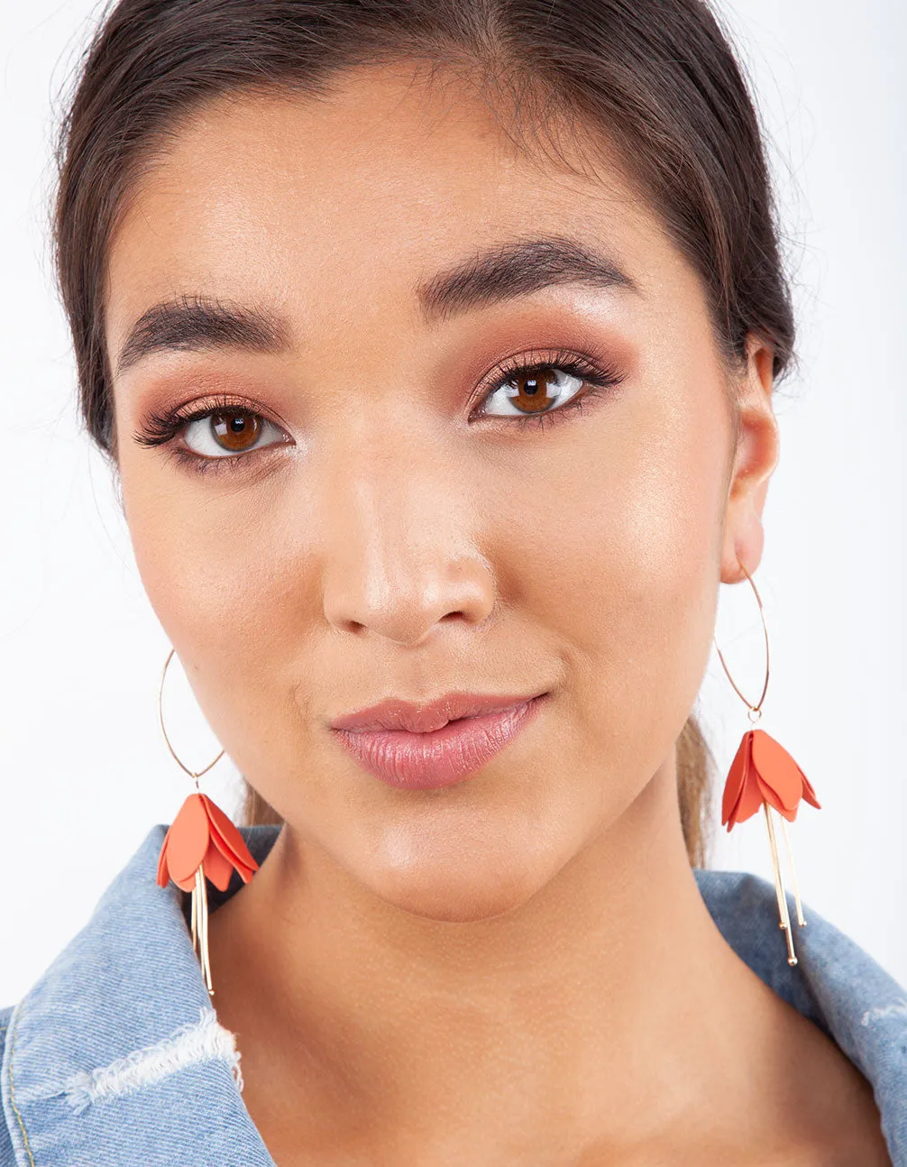 Coral Flower Gold Drop Earrings