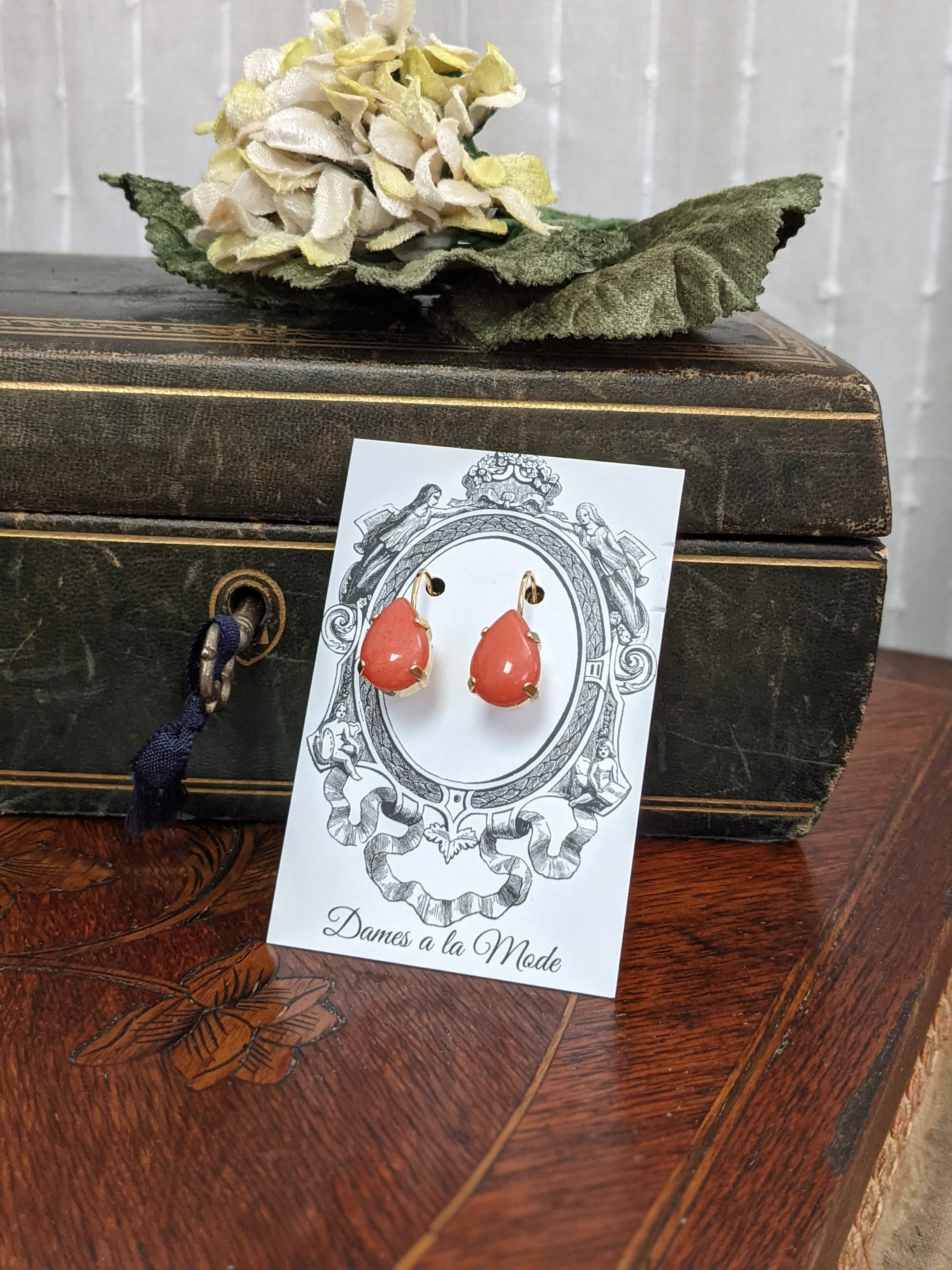 Coral Stone Teardrop Earrings - Medium