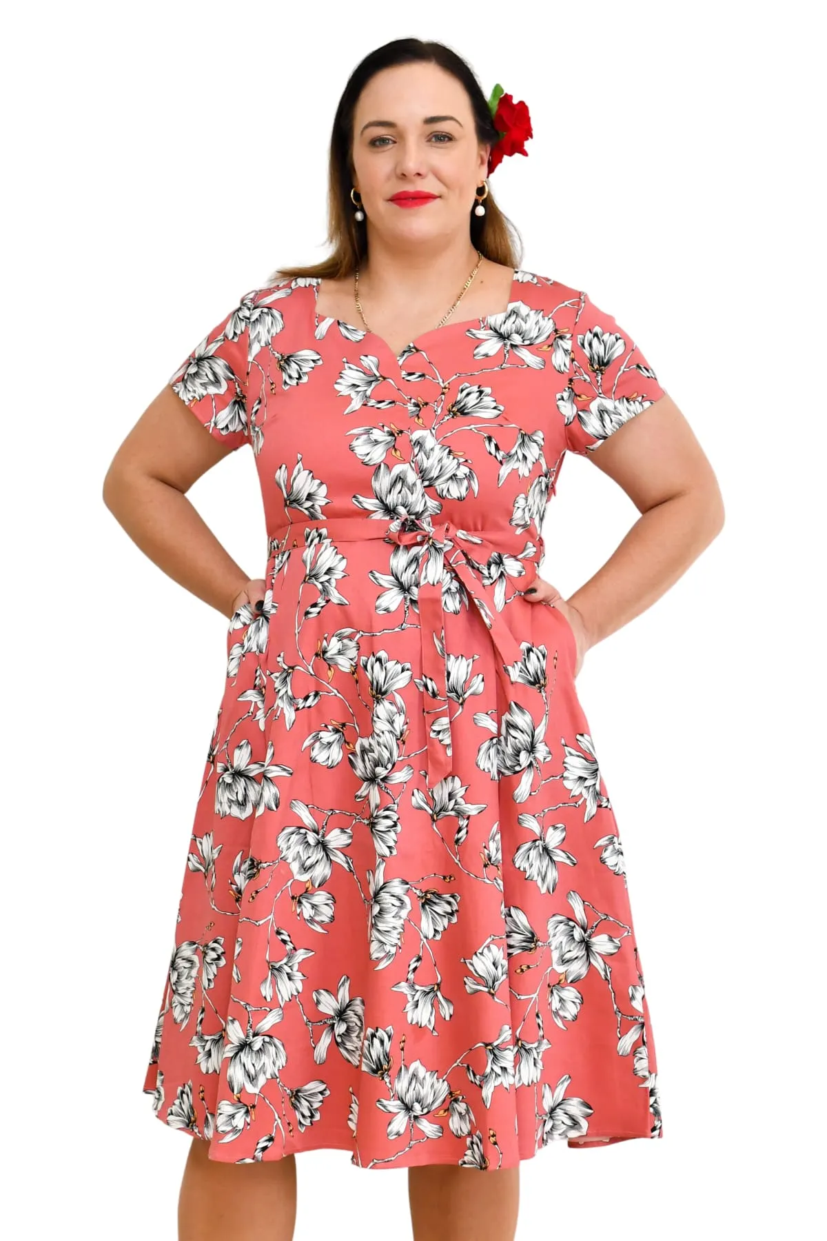 Coral Sweetheart A Line Magnolia Cotton Dress with Pockets