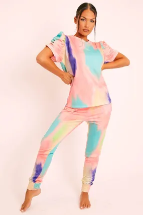 Coral Tie Die Puff Sleeve Loungewear Co-ord - Okla