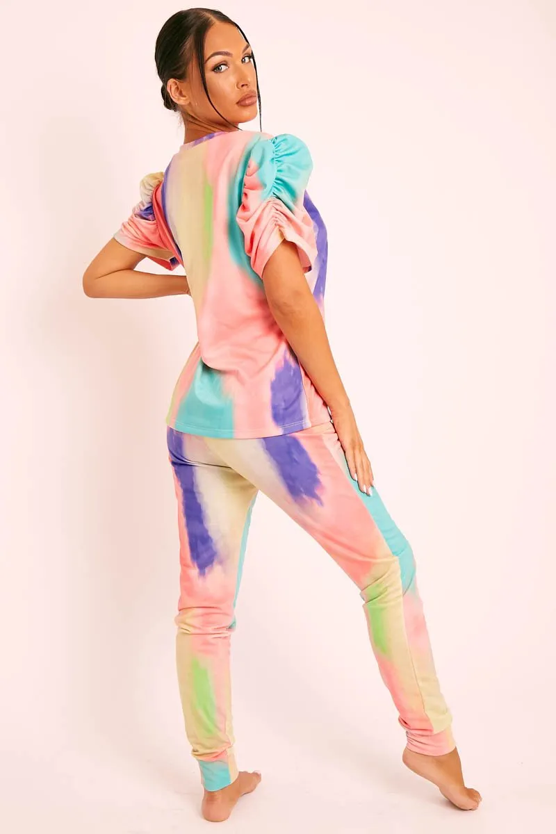 Coral Tie Die Puff Sleeve Loungewear Co-ord - Okla