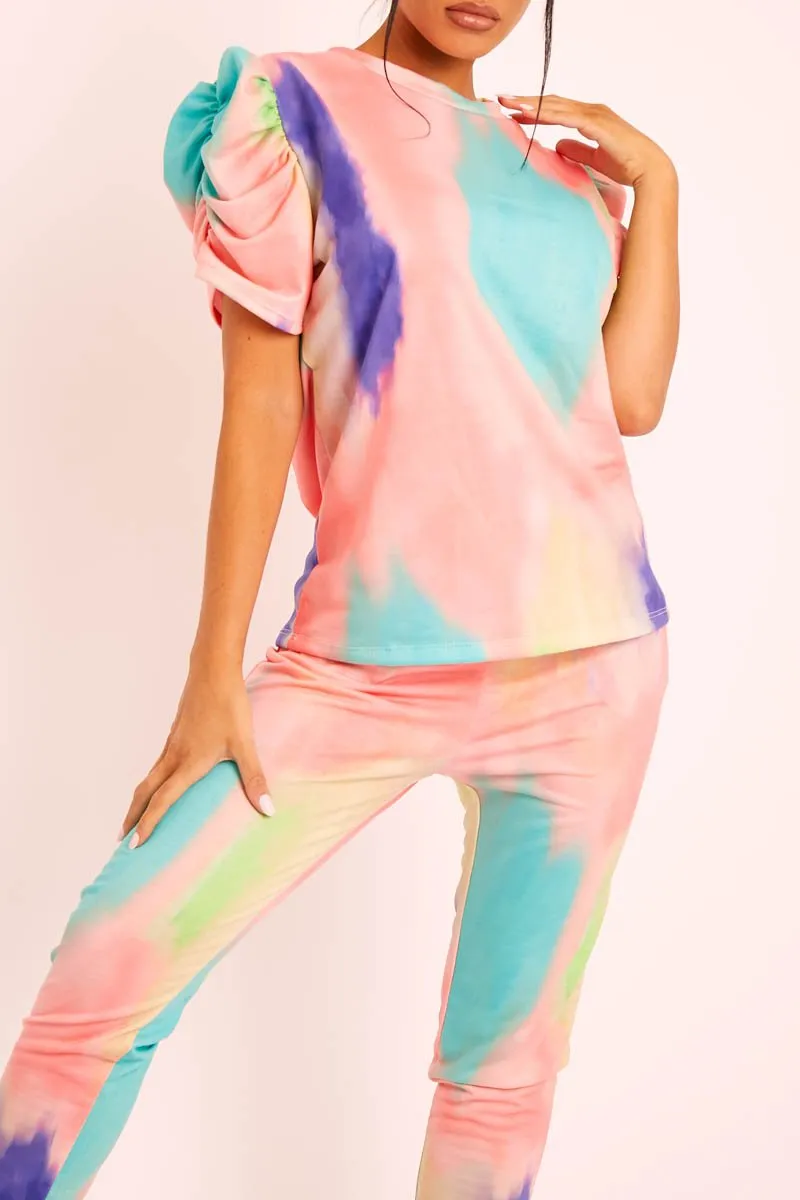 Coral Tie Die Puff Sleeve Loungewear Co-ord - Okla