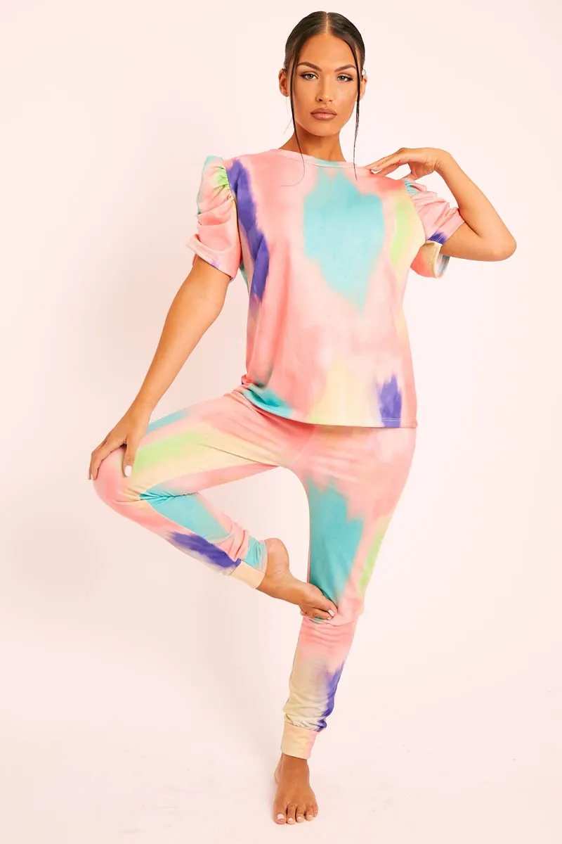 Coral Tie Die Puff Sleeve Loungewear Co-ord - Okla