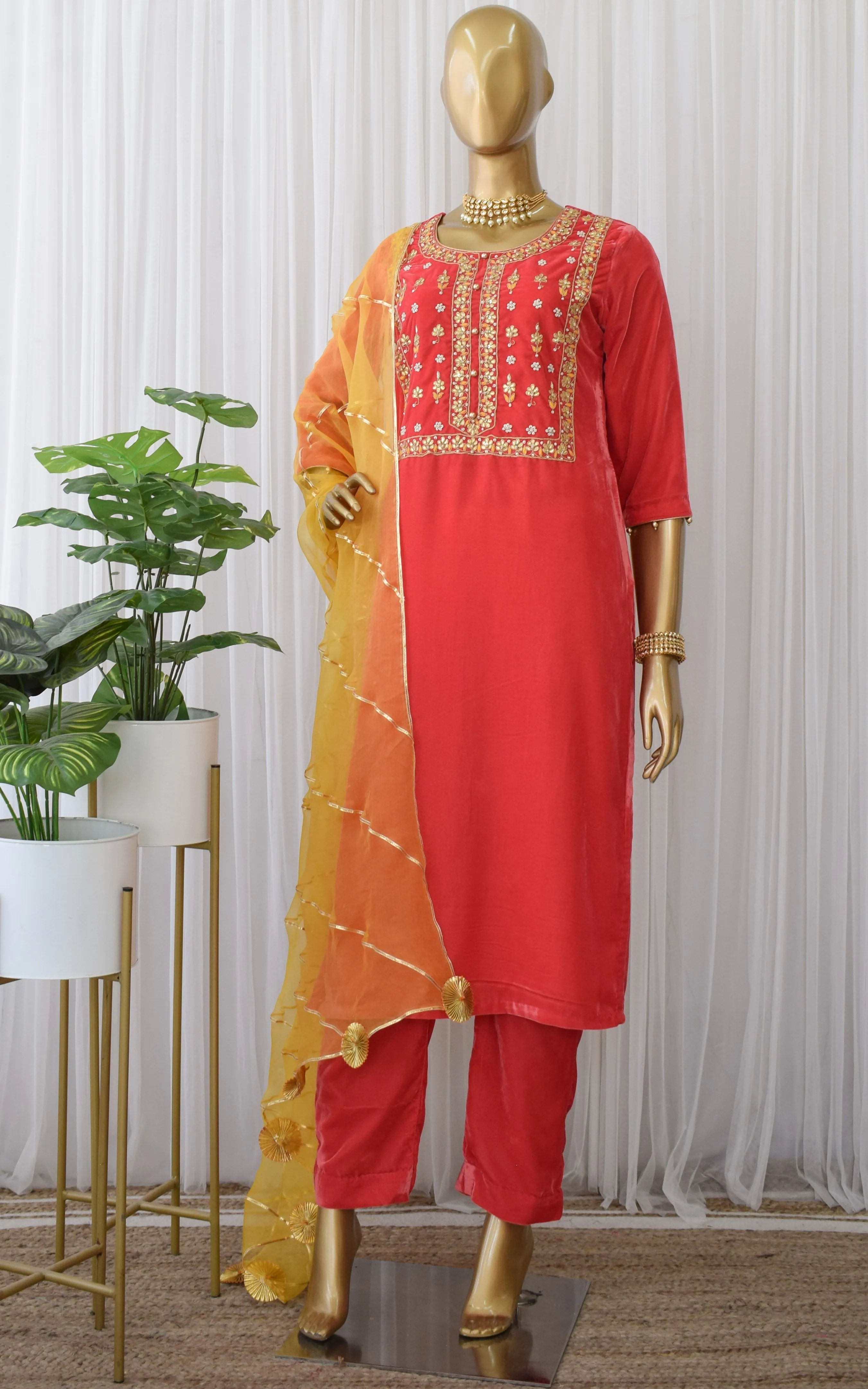 Coral Velvet Gota Patti Suit