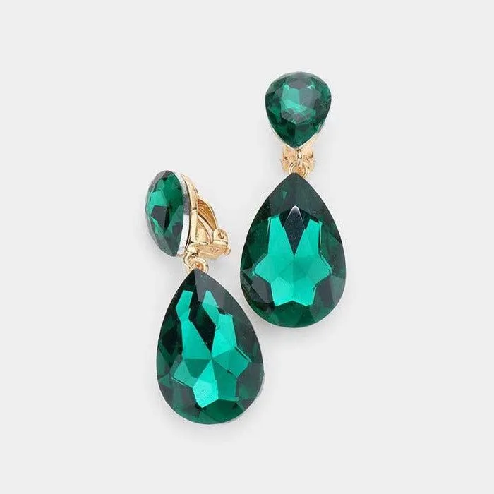 Crystal Emerald Green Double Teardrop Clip On Evening Earrings